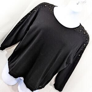 CALVIN KLEIN! DRAPEY, WEIGHTY BLACK "JEWELED" SHOULDER SCOOP SWEATER! SZ L